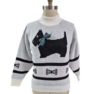 90s 3D Star Reflections Moments for Marjorie Scotty Dog Sweater Tartan Bow  M
